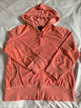 GAP Coral Terry Towel Zip-Front Lounging Jacket 3/4 Sleeve Pockets